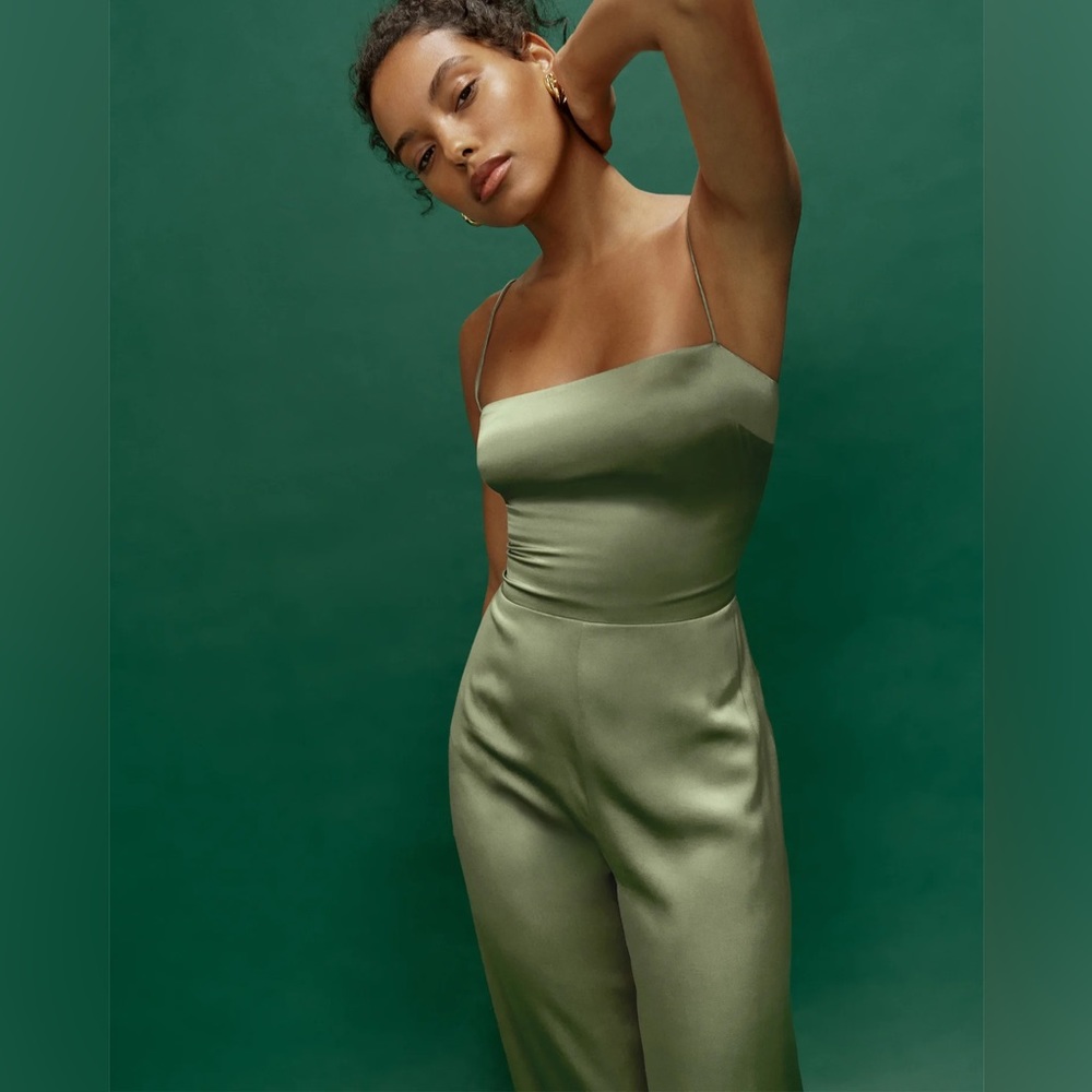 Reformation sage silk jumpsuit in color artichoke, size 4